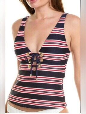 LA Blanca Sailor Stripe Lace-Up Tankini Top Sexy Fit Indigo Multi Sz 4 NWT